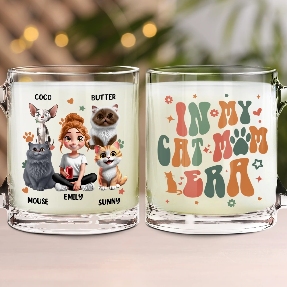 In My Cat Mom Era - Personalized Glass Mug | Unique Gift for Cat Moms & Grandmas Glass Mug PopCulturePrints
