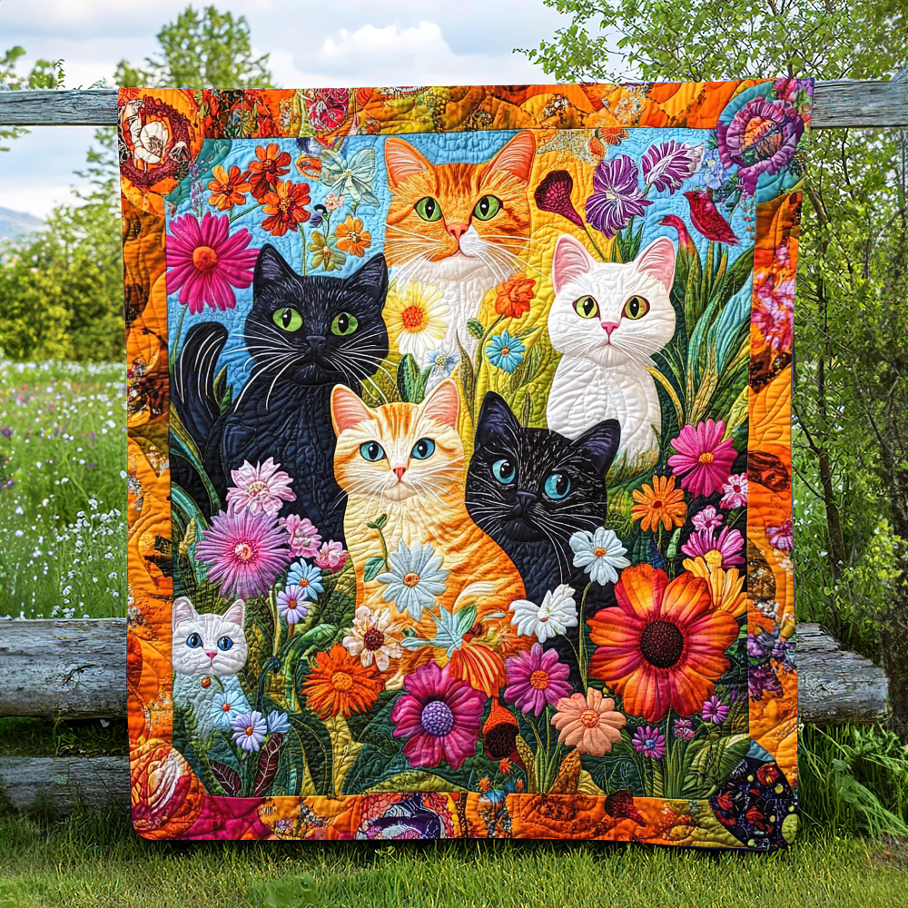Floral Feline Christmas Quilt Bed Set - Perfect Gift for Cat Lovers Blanket PopCulturePrints