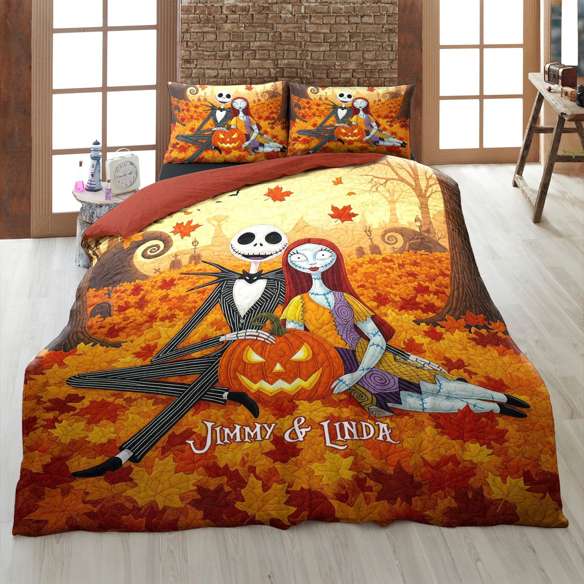 Embrace the Fall Vibes - Autumn Horror Couple Quilt Bedding Set - Personalized Gift for Couples Blanket PopCulturePrints