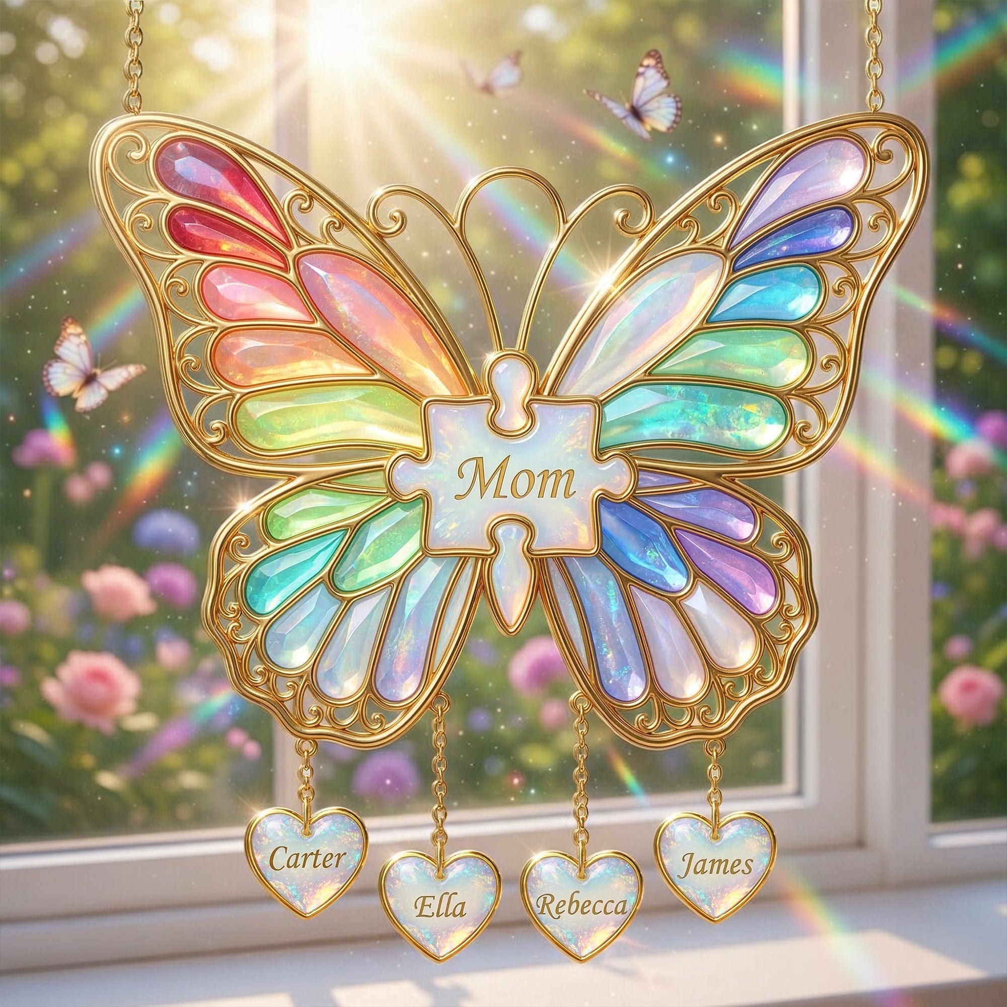 "Celebrate Love with a Personal Touch" - Butterfly Mom Suncatcher Ornament - Custom Gift for Mom, Grandma, and More Ornament PopCulturePrints