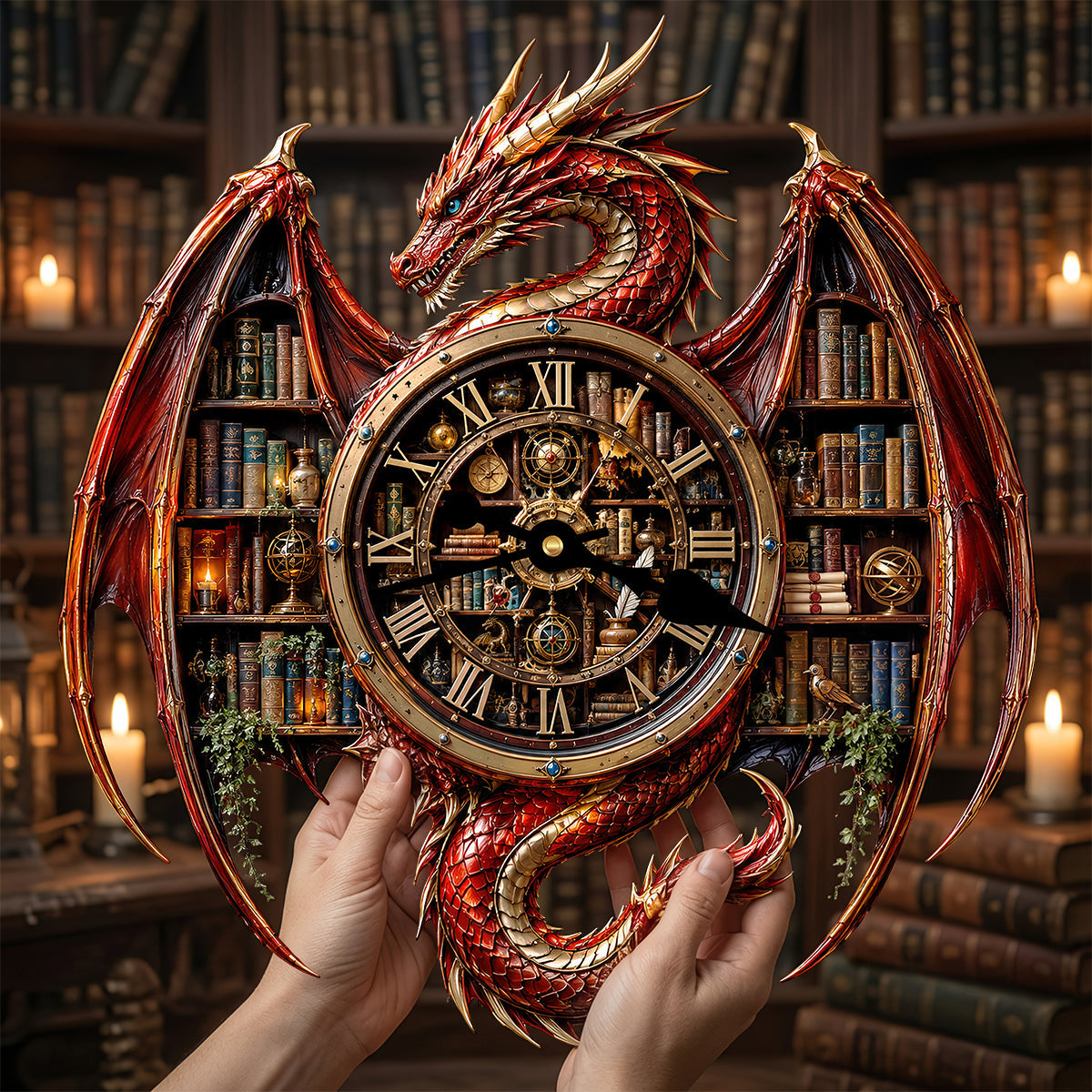 “Time is the essence of knowledge” - Vintage Dragon Bookstore Wall Hanging Clock, Personalized Gift for Book Lovers Hanging Wall Clock PopCulturePrints