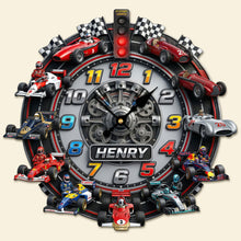 Load image into Gallery viewer, Rev Your Time: Racing Cars Acrylic Hanging Wall Clock - Personalized Gift for Racing Enthusiasts Hanging Wall Clock PopCulturePrints
