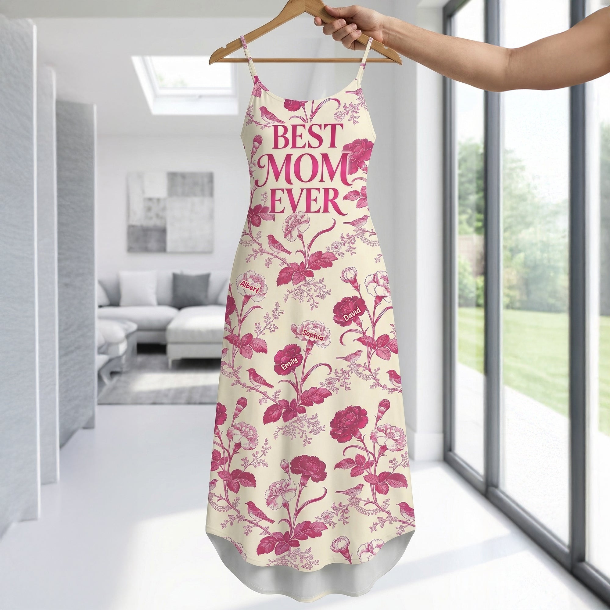 "Best Mom Ever" - Personalized Flower Toile de Jouy Suspender Maxi Dress - Custom Gift for Mom, Grandma, and More Dress PopCulturePrints