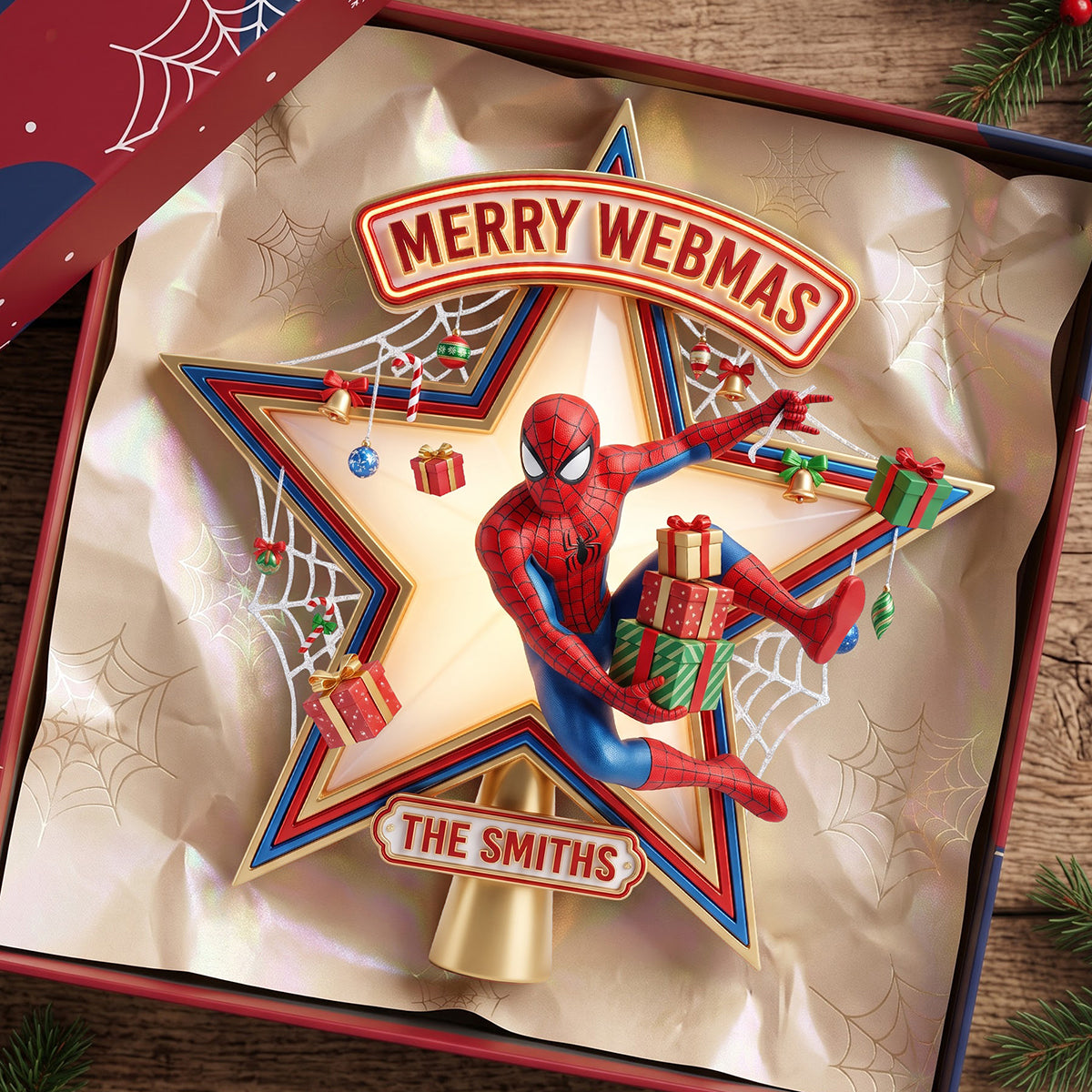 “Swing Into the Holidays!” - Merry Webmas Christmas Tree Topper - Personalized Custom Gift for Spider-Man Fans