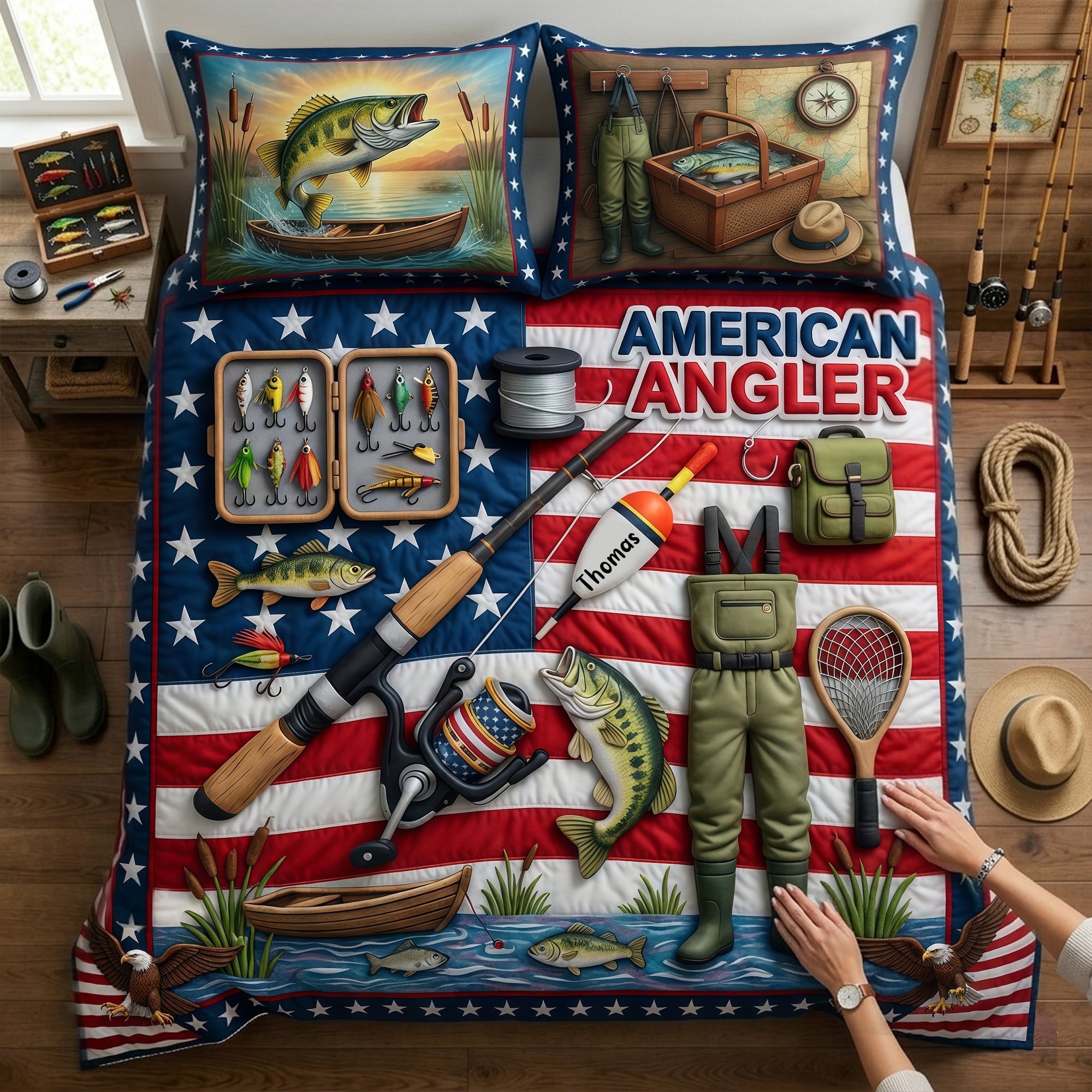 "Catch the Joy of Fishing!" - USA Fishing Quilt Bedding Set - Personalized Gifts for Fishing Lovers Blanket PopCulturePrints