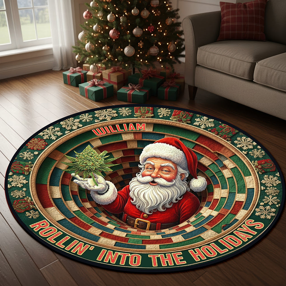 “Rollin’ Into The Holidays” – Personalized Chill Santa Round Rug – Perfect Gift for Family and Friends Doormat PopCulturePrints