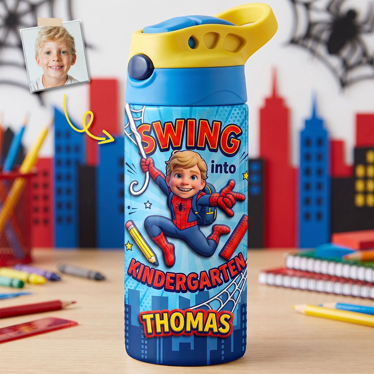 Swing Into School Tumbler - Personalized 12oz Colorful Kid Tumbler for Kindergarteners
