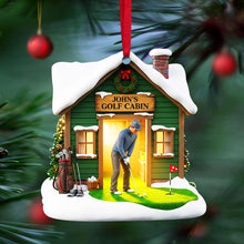 Load image into Gallery viewer, “Tee Off into Joy!” - Custom Golf Cabin Christmas Ornament - Personalized Gift for Golf Lovers Ornament PopCulturePrints
