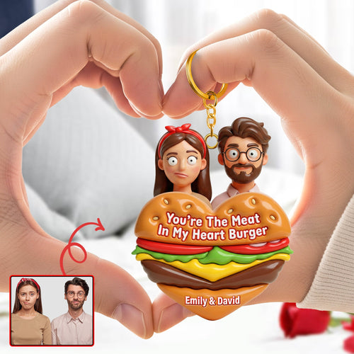 You're The Meat In My Heart Burger - Cute Food Pun Keychain | Personalized Gift for Couples Keychains PopCulturePrints