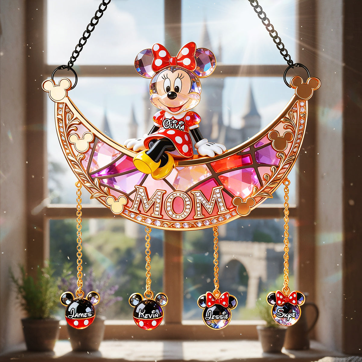 "Celebrate Every Moment with Love" - Personalized Mom with Kids Charms Suncatcher Ornament Ornament PopCulturePrints