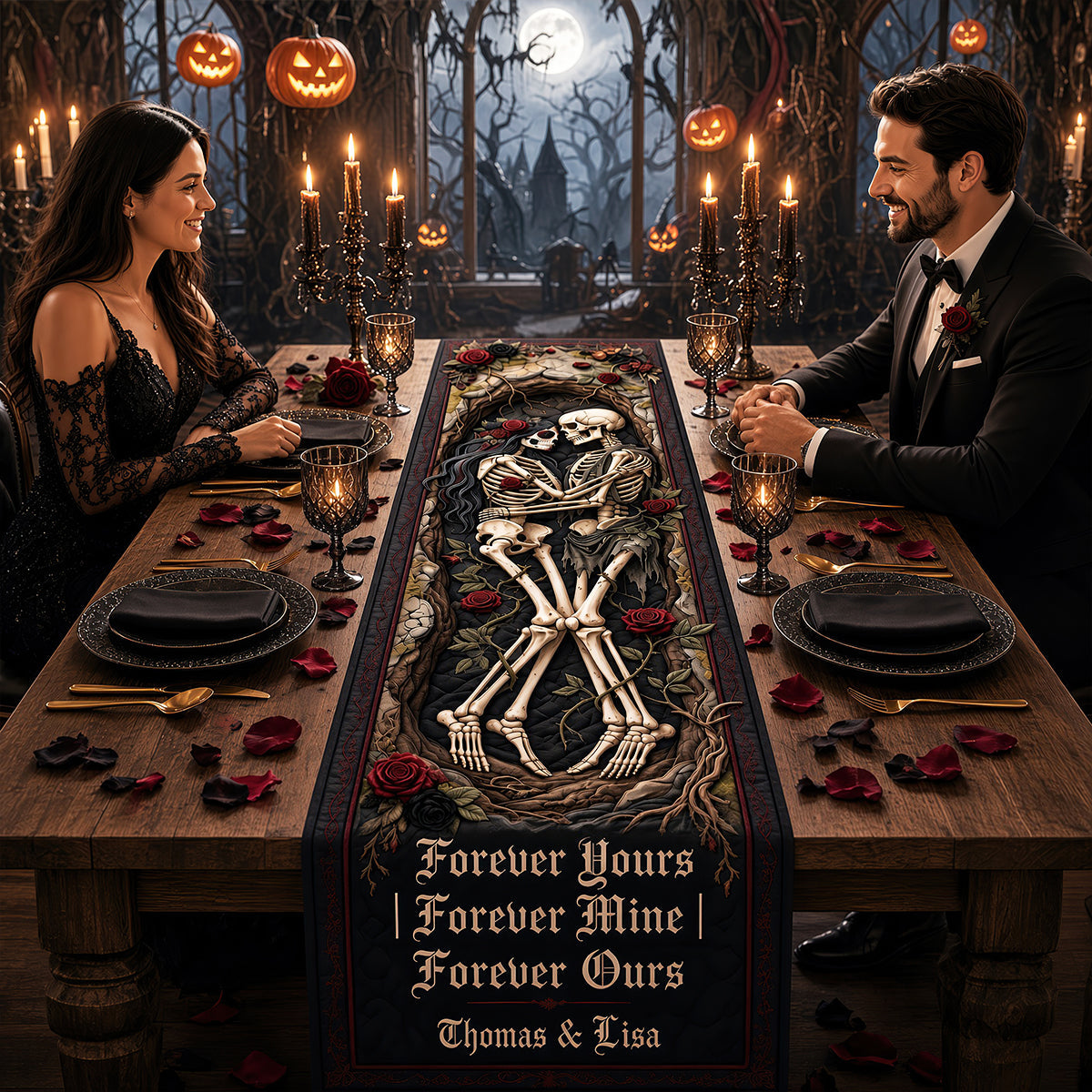 Eternal Love Skeleton Couple Quilted Table Runner - Custom Gifts for Soulmates