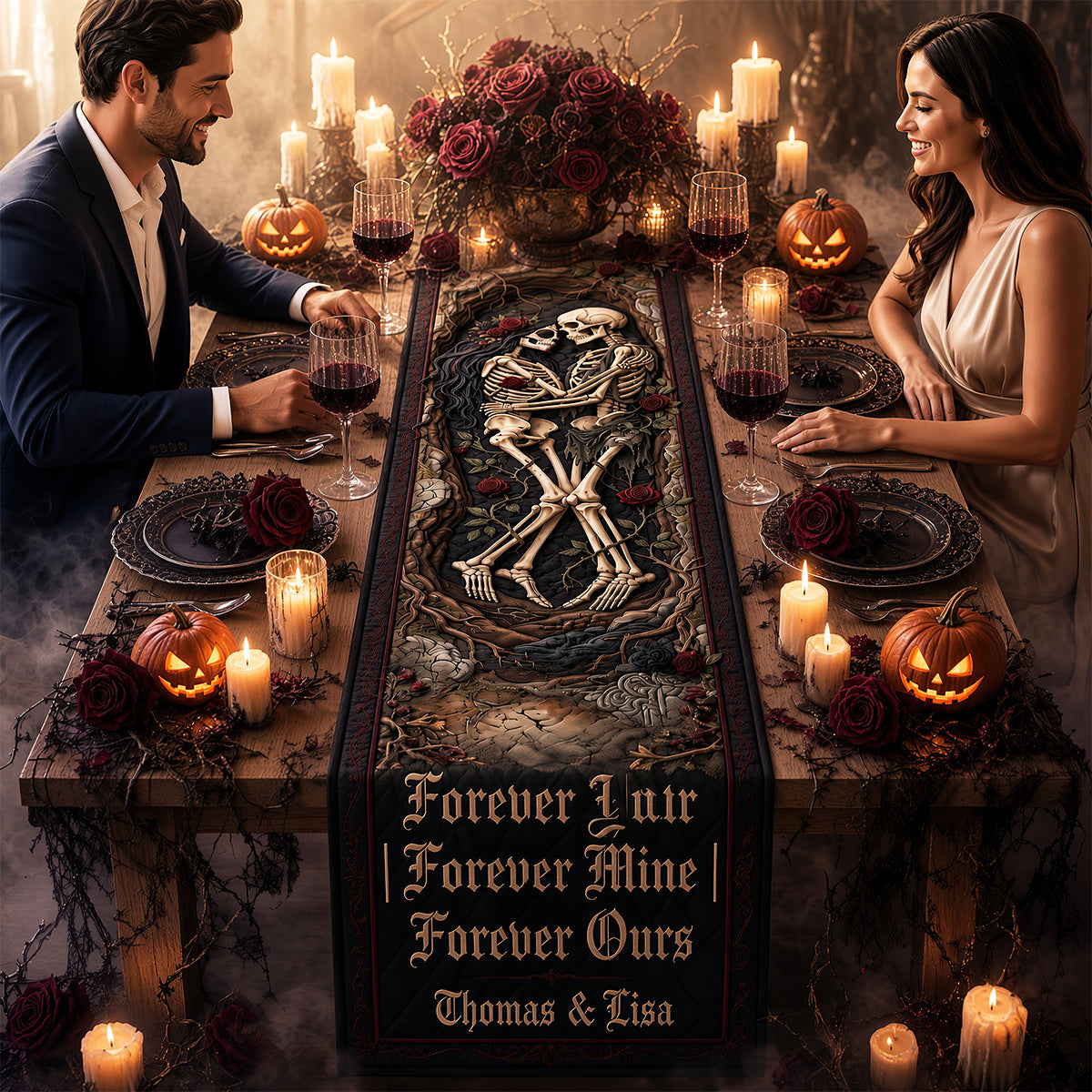 Eternal Love Skeleton Couple Quilted Table Runner - Custom Gifts for Soulmates