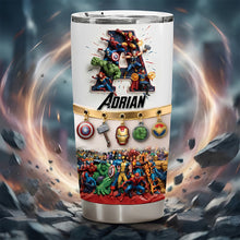 Load image into Gallery viewer, Fearless Guardians Alphabet Initial Letters Tumbler - Personalized Gift for Superhero Fans Tumbler Cup PopCulturePrints
