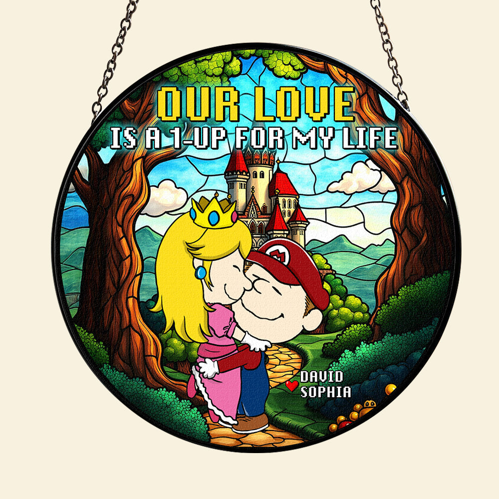 Personalized Stained Glass Ornament: 'Our Love Is A 1-UP For My Life' Ornament PopCulturePrints