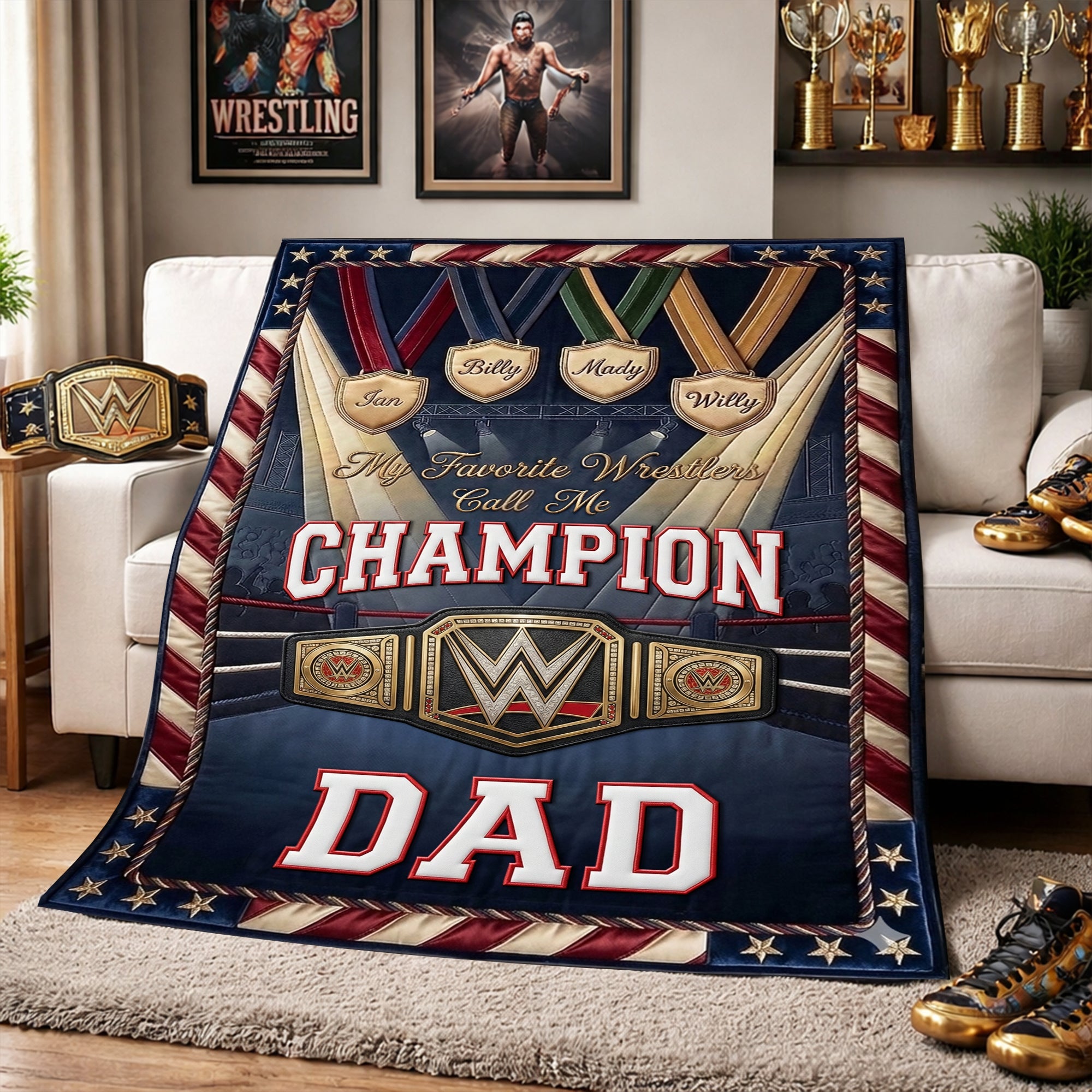 "My Favorite Wrestlers Call Me Champion Dad" - Personalized Wrestling Champion Blanket - Unique Gift for Dad and Grandpa Blanket PopCulturePrints