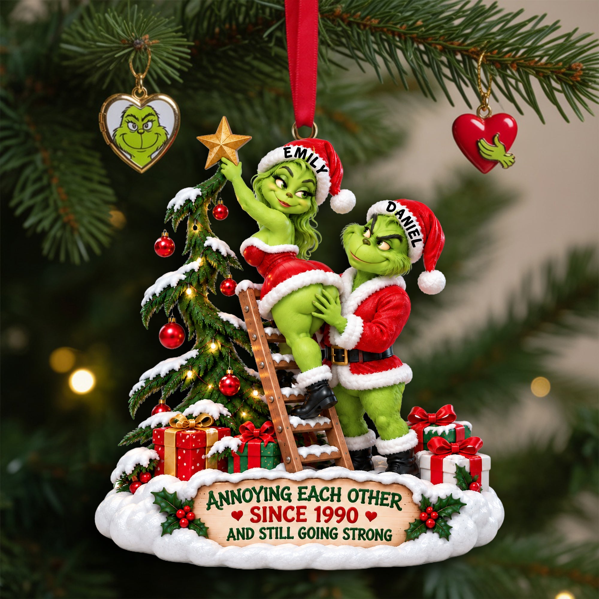 "Annoying Each Other Since 1990" - Customizable Furry Naughty Santa Couple Ornament - Perfect Personalized Gift for Couples, Friends, and Family!