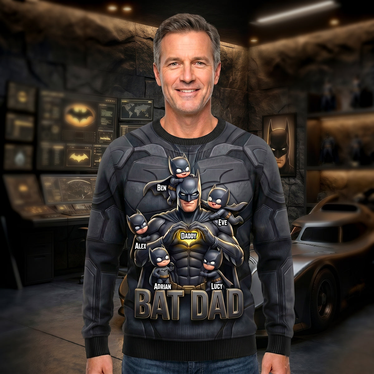 “Every Hero Has a Sidekick” - Personalized Bat Dad Shirt - Perfect Gift for Dads and Grandpas AOP Products PopCulturePrints