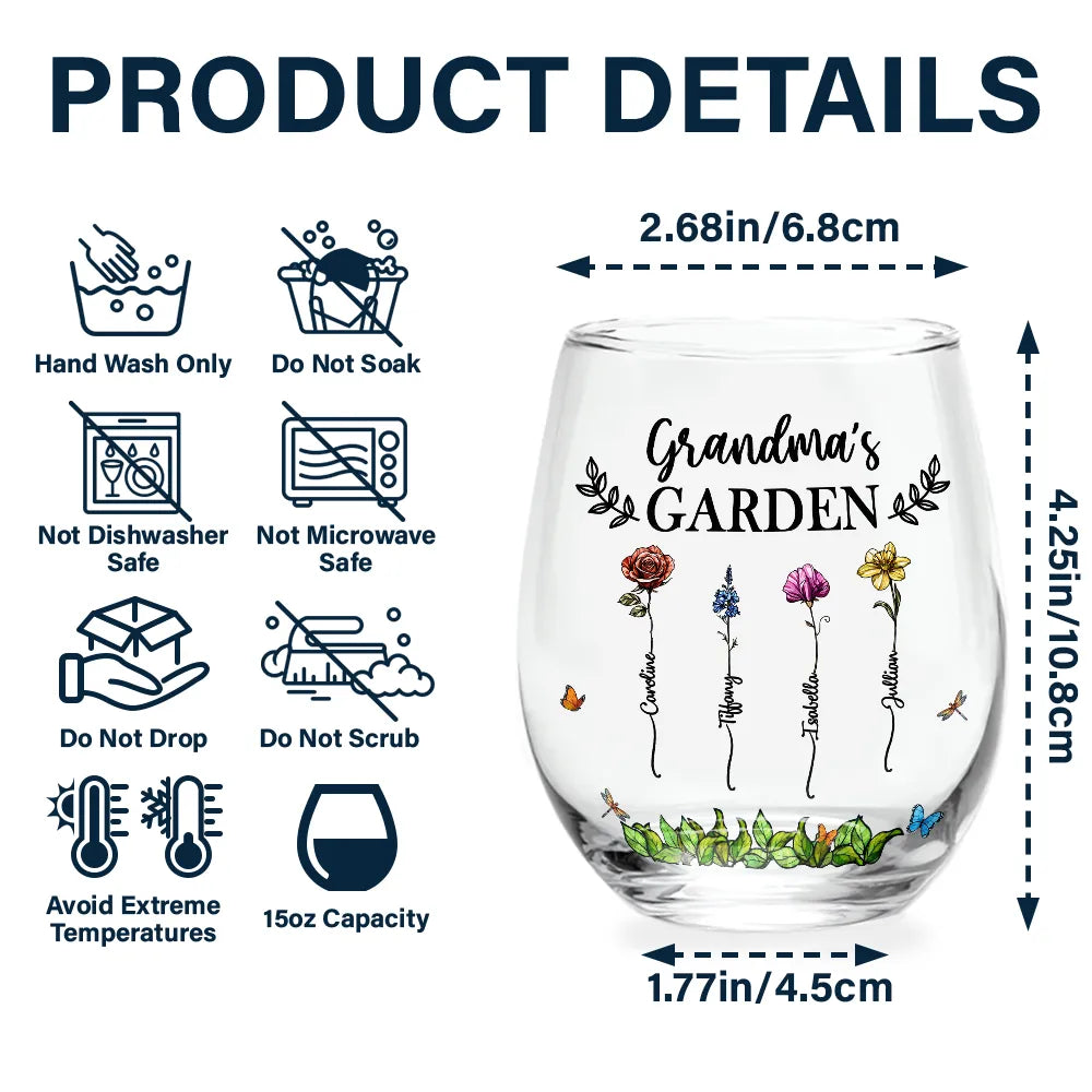 “Grandma's garden blooms with love” - Personalized Stemless Wine Glass for Grandma and Mom Wine Glass PopCulturePrints