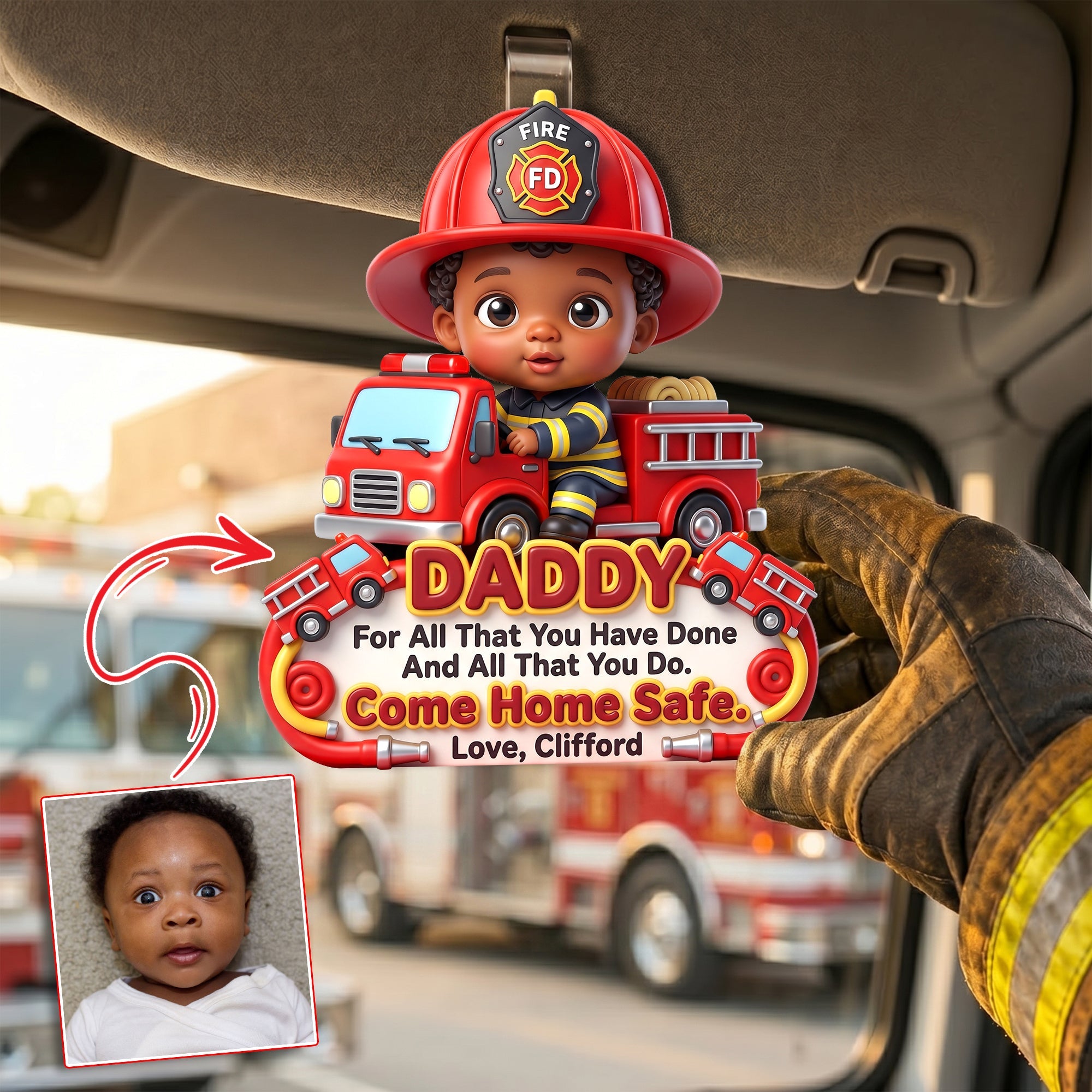 "For All That You Have Done, Come Home Safe" - Personalized Firefighter Hero Dad Acrylic Car Visor Clip - Gift for Dad, Grandpa, and Firefighters Car Visor Clip PopCulturePrints
