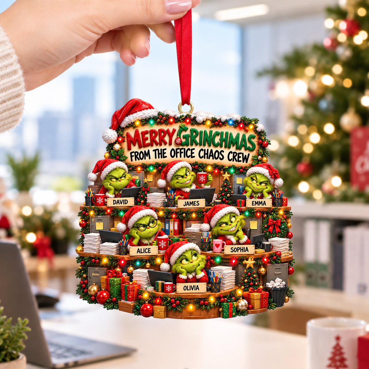 Merry Grinchmas from the Office Chaos Crew - Personalized Acrylic Ornament for Coworkers