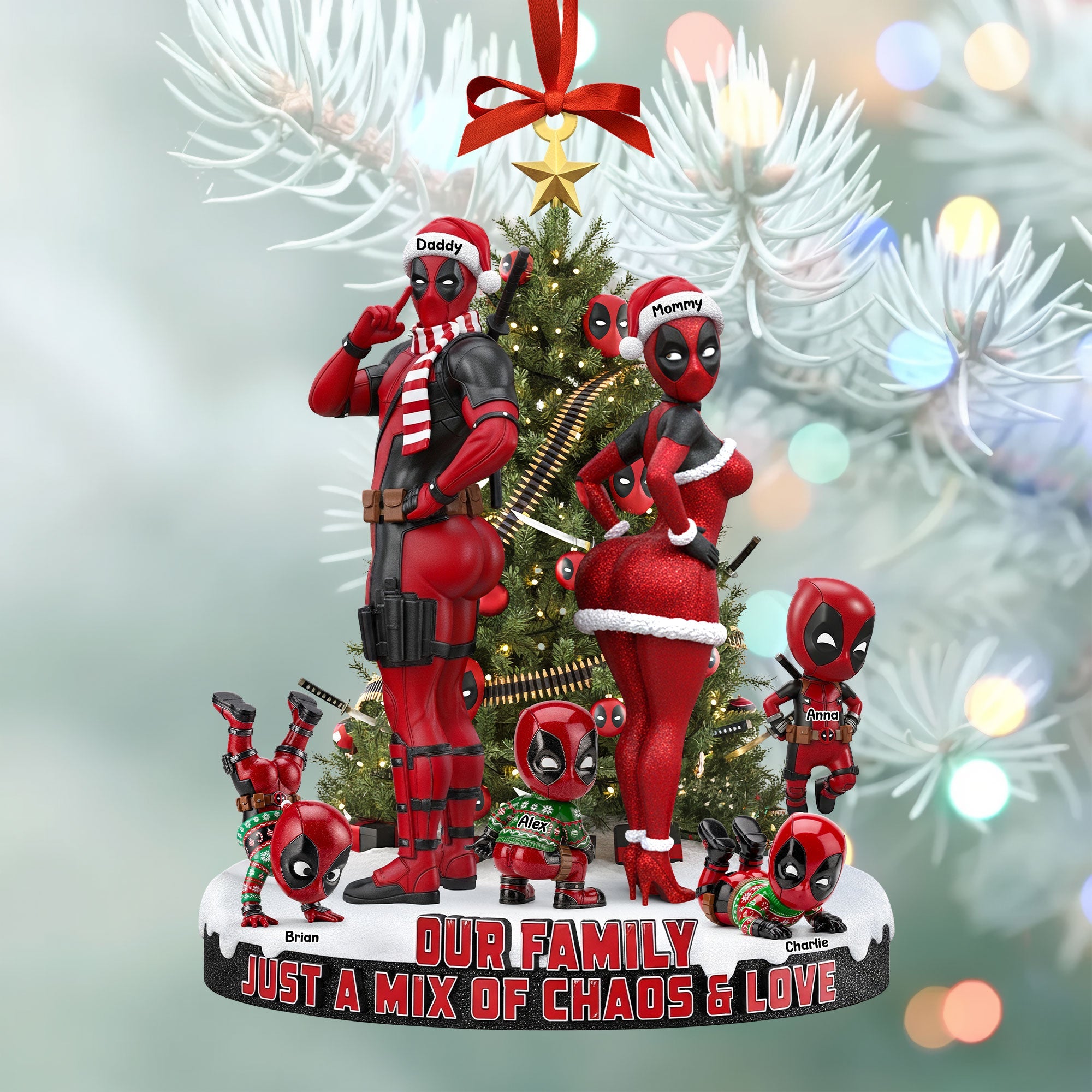 Our Family: Just a Mix of Chaos & Love - Personalized Red Masked Family Ornament Ornament PopCulturePrints
