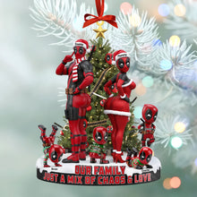 Load image into Gallery viewer, Our Family: Just a Mix of Chaos &amp; Love - Personalized Red Masked Family Ornament Ornament PopCulturePrints
