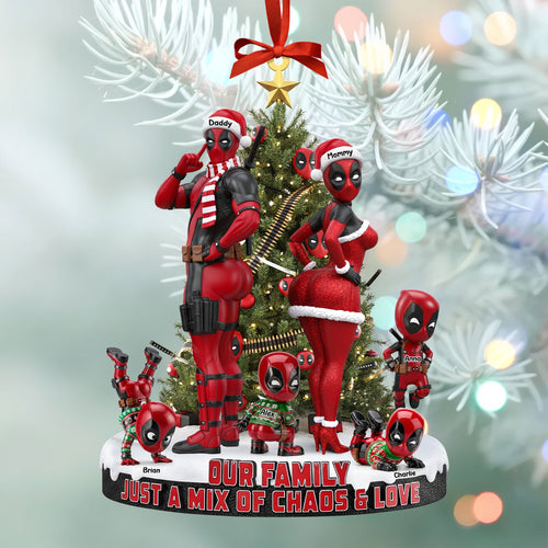 Our Family: Just a Mix of Chaos & Love - Personalized Red Masked Family Ornament Ornament PopCulturePrints