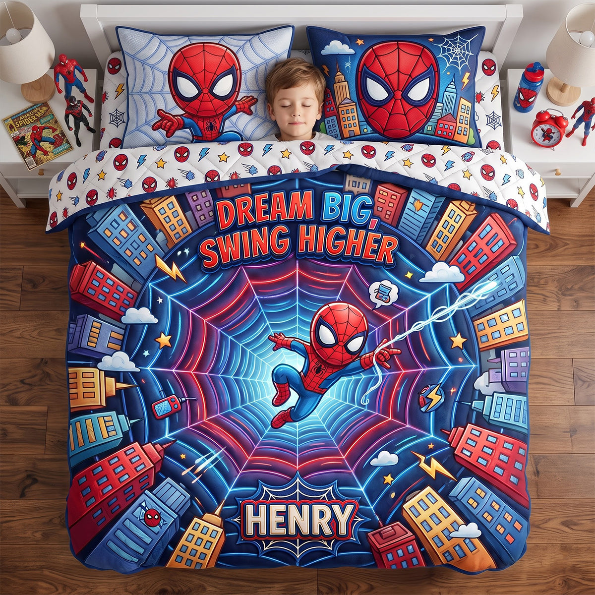 Dream Big, Swing Higher - Personalized Spider-Man Quilt Bed Set for Kids Bedding Set PopCulturePrints