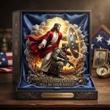 Load image into Gallery viewer, “His Faithfulness Will Be Your Shield” - Personalized Christian Soldier Shield Acrylic Plaque - Custom Gift for Veterans and Believers Shaped Plaques PopCulturePrints
