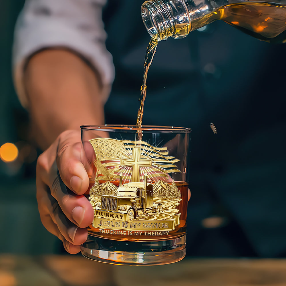 Jesus Is My Savior - Custom Trucker Round Whiskey Glass - Personalized Gifts for Christian Truckers and Faith Enthusiasts Whiskey Glass PopCulturePrints