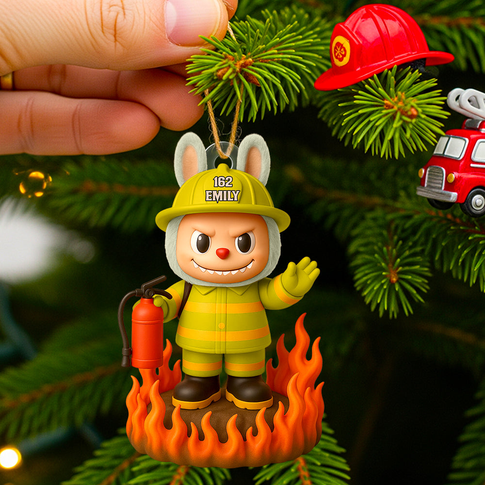 Brave Firefighter Bunny Ornament - Personalize Your Gift for Firefighters Ornament PopCulturePrints
