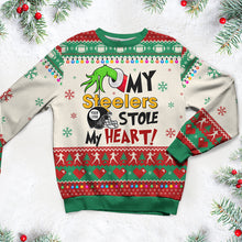 Load image into Gallery viewer, Personalized American Football Fan Ugly Sweater - Heart Stealer Design
