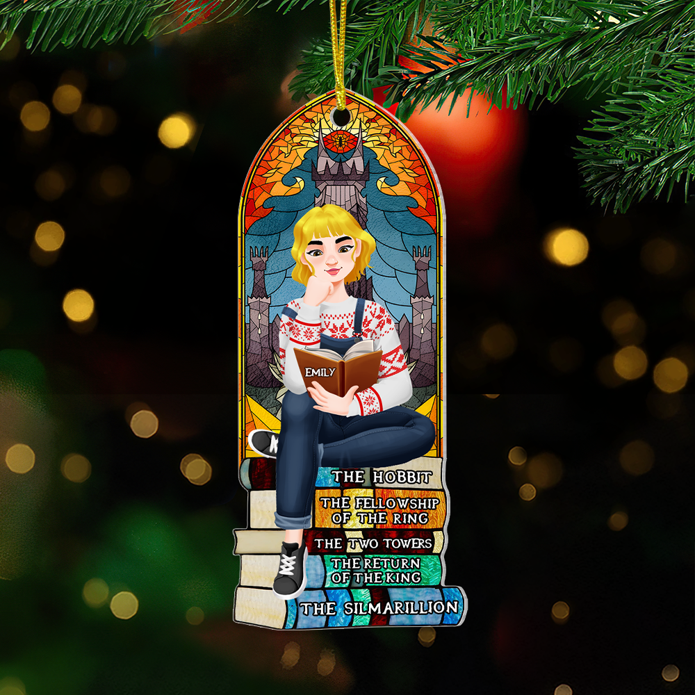 Personalized Christmas Ornament for Book Lovers – Girl Sitting on Books Ornament PopCulturePrints