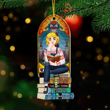 Load image into Gallery viewer, Personalized Christmas Ornament for Book Lovers – Girl Sitting on Books Ornament PopCulturePrints
