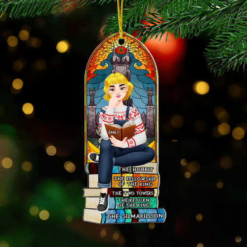 Personalized Christmas Ornament for Book Lovers – Girl Sitting on Books Ornament PopCulturePrints