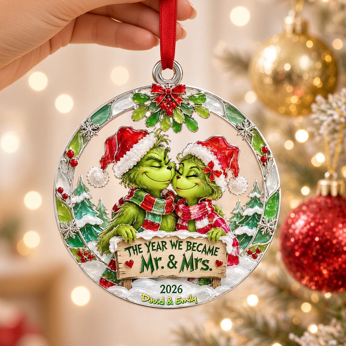 "The Year We Became Mr. & Mrs." - Personalized Grinch Ornament - Unique Gift for Newlywed Couples and Christmas Celebration