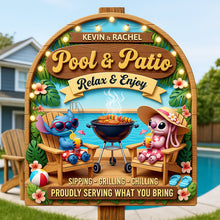 Load image into Gallery viewer, Alien Couple Poolside Wood Sign - Personalized Gift for Couples Wood Sign PopCulturePrints
