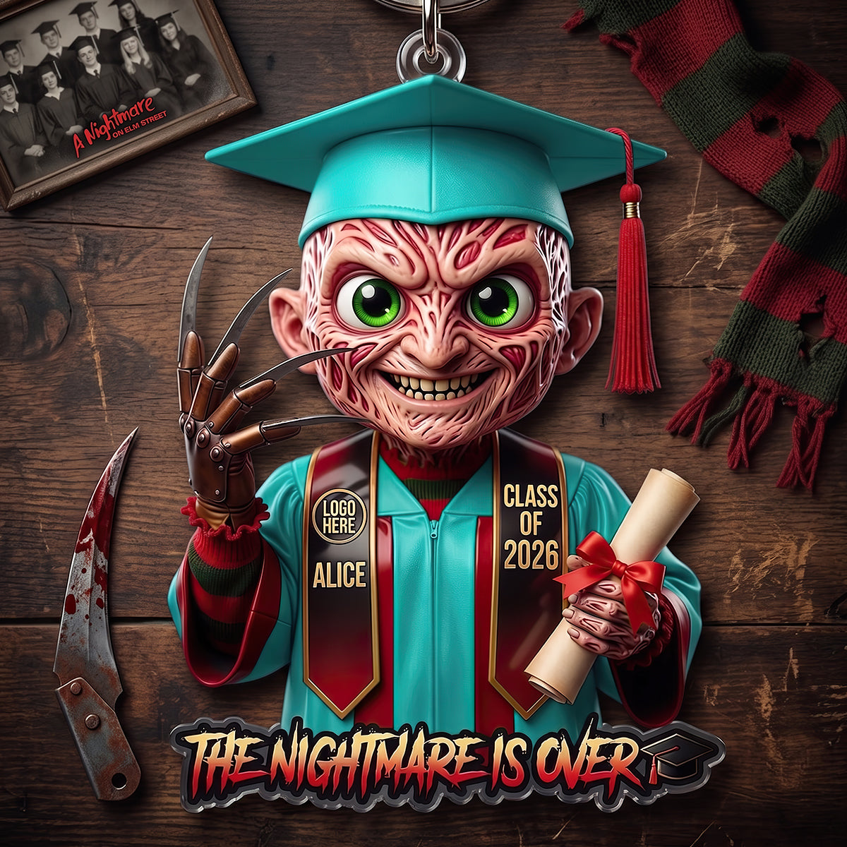 The Nightmare is Over - Personalized Horror Villain Graduate Keychain Keychains PopCulturePrints