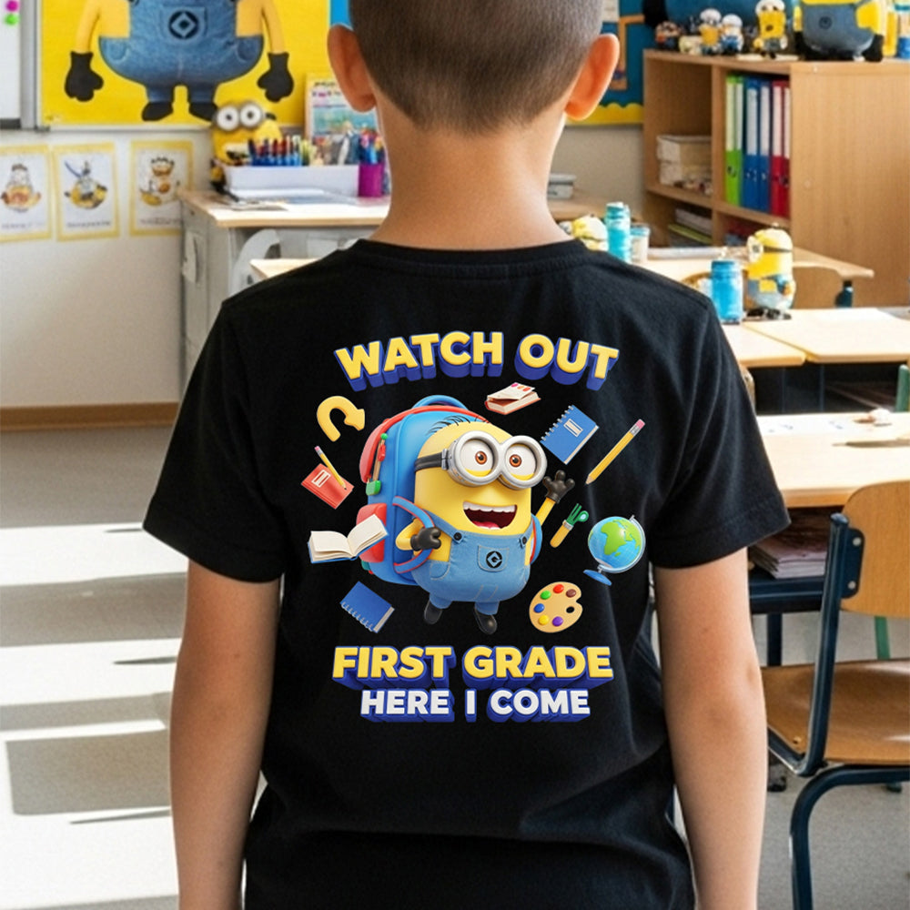 Watch Out! Fourth Grade Here I Come - Cute Cartoon Personalized Back To School Shirt for Kids Shirts PopCulturePrints