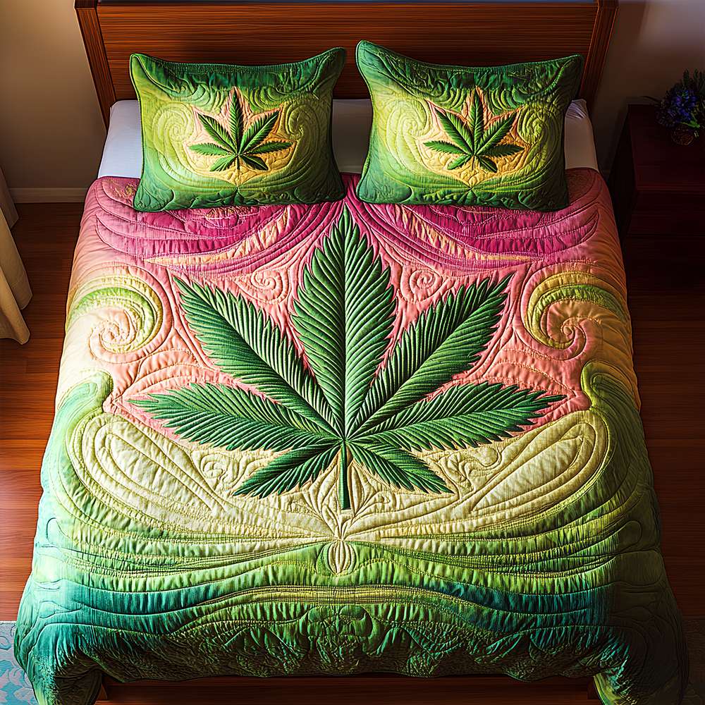 "Embrace Serenity with Chilling Leaf Design" - Botanical Quilt Bedding Set, Custom Gift for Weed Lovers Blanket PopCulturePrints