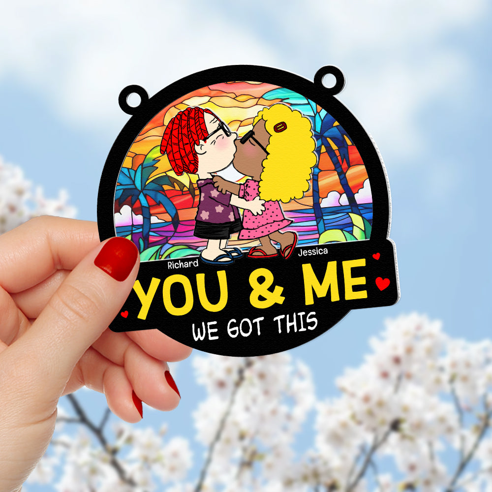 Personalized Cute Cartoon Couple Kissing Suncatcher Ornament