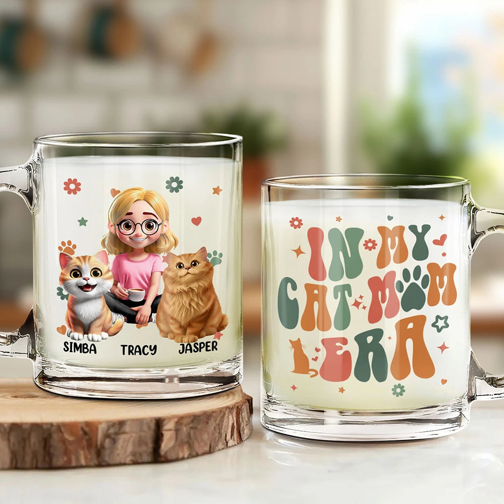 In My Cat Mom Era - Personalized Glass Mug | Unique Gift for Cat Moms & Grandmas Glass Mug PopCulturePrints