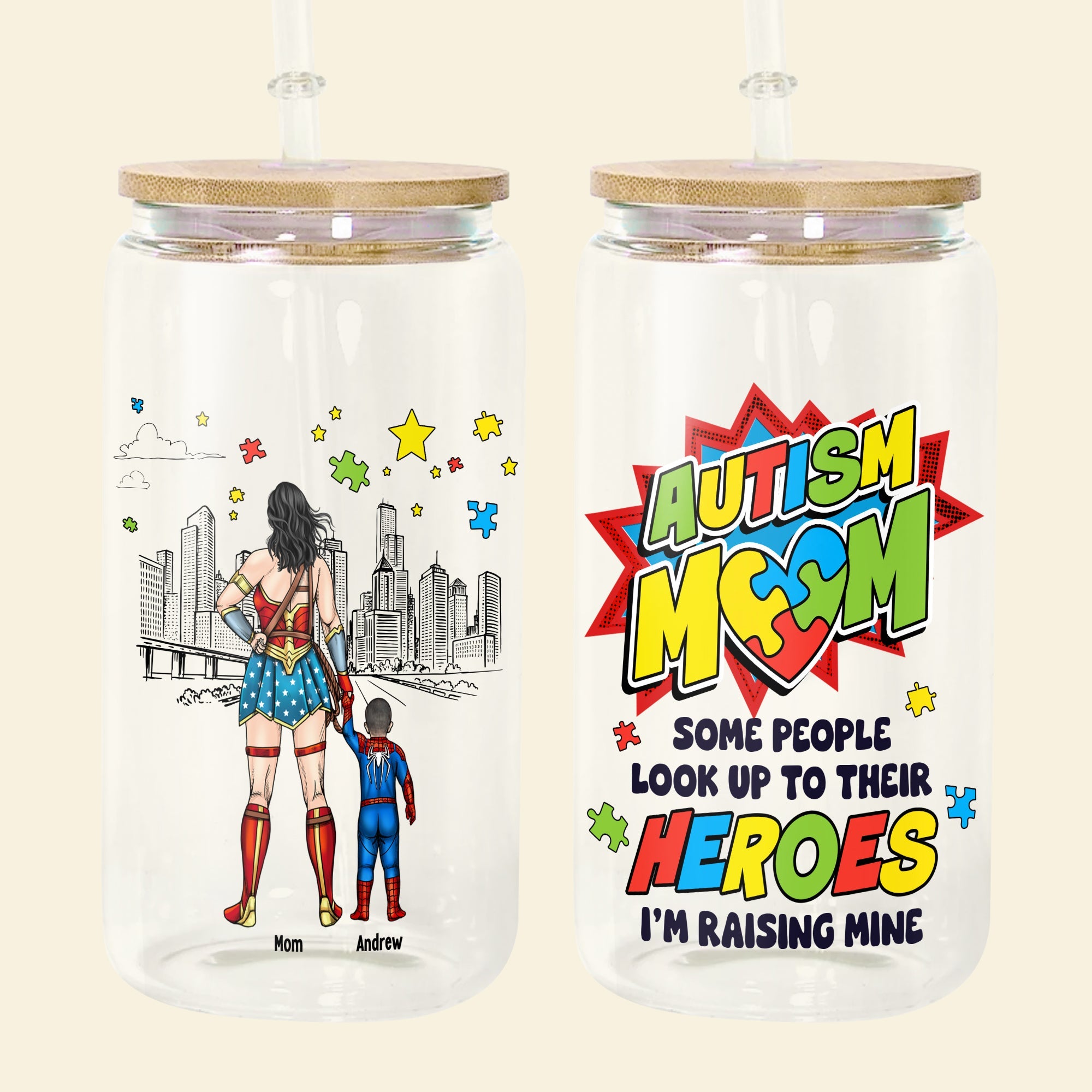 Some People Look Up to Their Heroes - Personalized Autism Mom Glass Can Glass Can PopCulturePrints