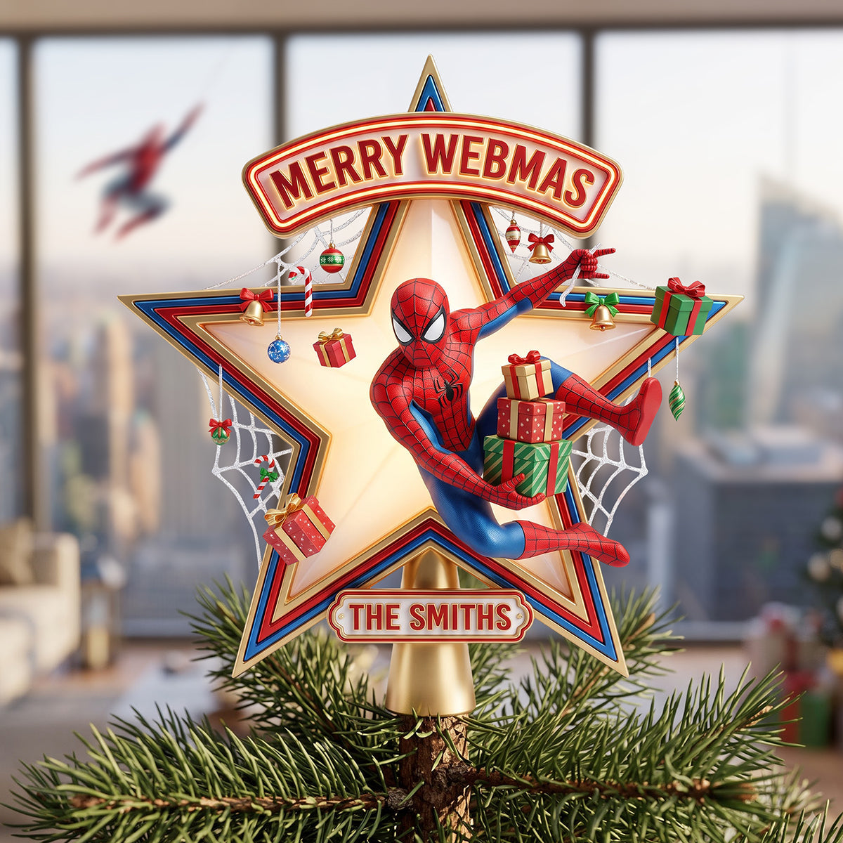 “Swing Into the Holidays!” - Merry Webmas Christmas Tree Topper - Personalized Custom Gift for Spider-Man Fans