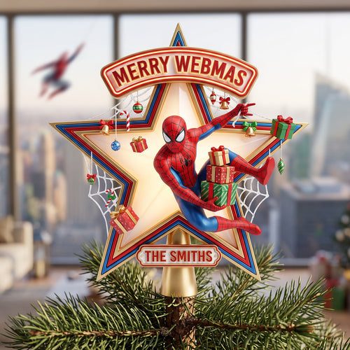 “Swing Into the Holidays!” - Merry Webmas Christmas Tree Topper - Personalized Custom Gift for Spider-Man Fans Ornament PopCulturePrints