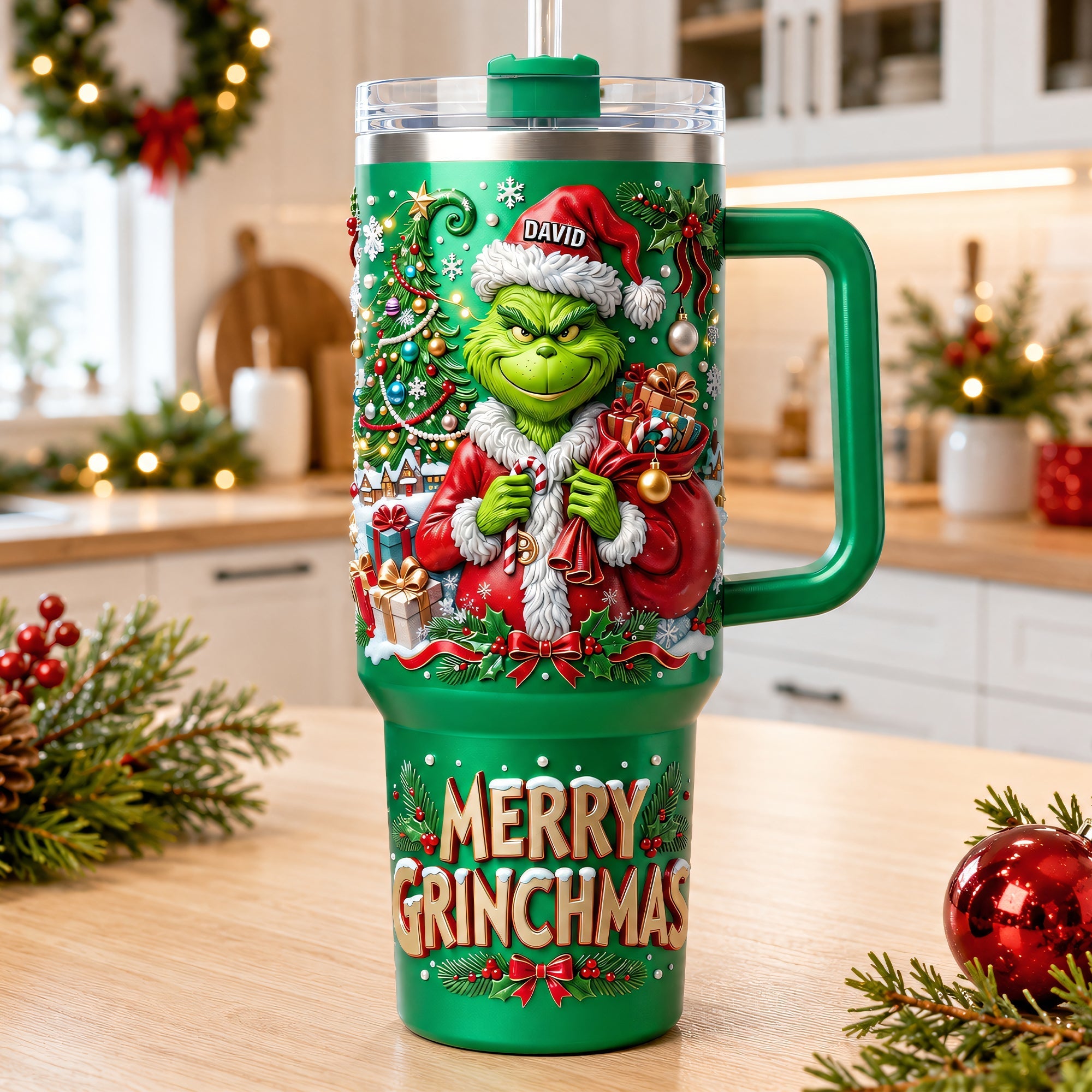 "Spread Holiday Cheer with the Grinch!" - Unique Santa 40oz Tumbler With Handle - Personalized Gift for Everyone