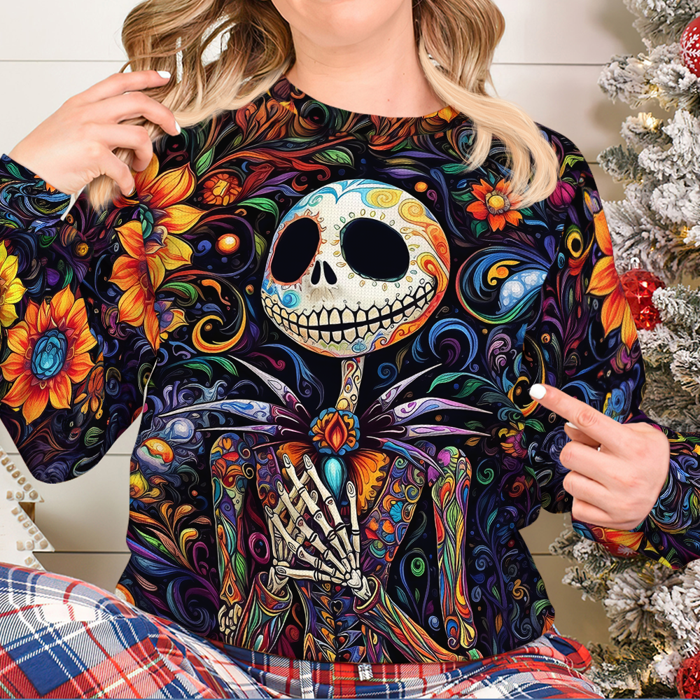 Personalized Christmas Movie Fan Ugly Sweater - Skeleton Floral Design