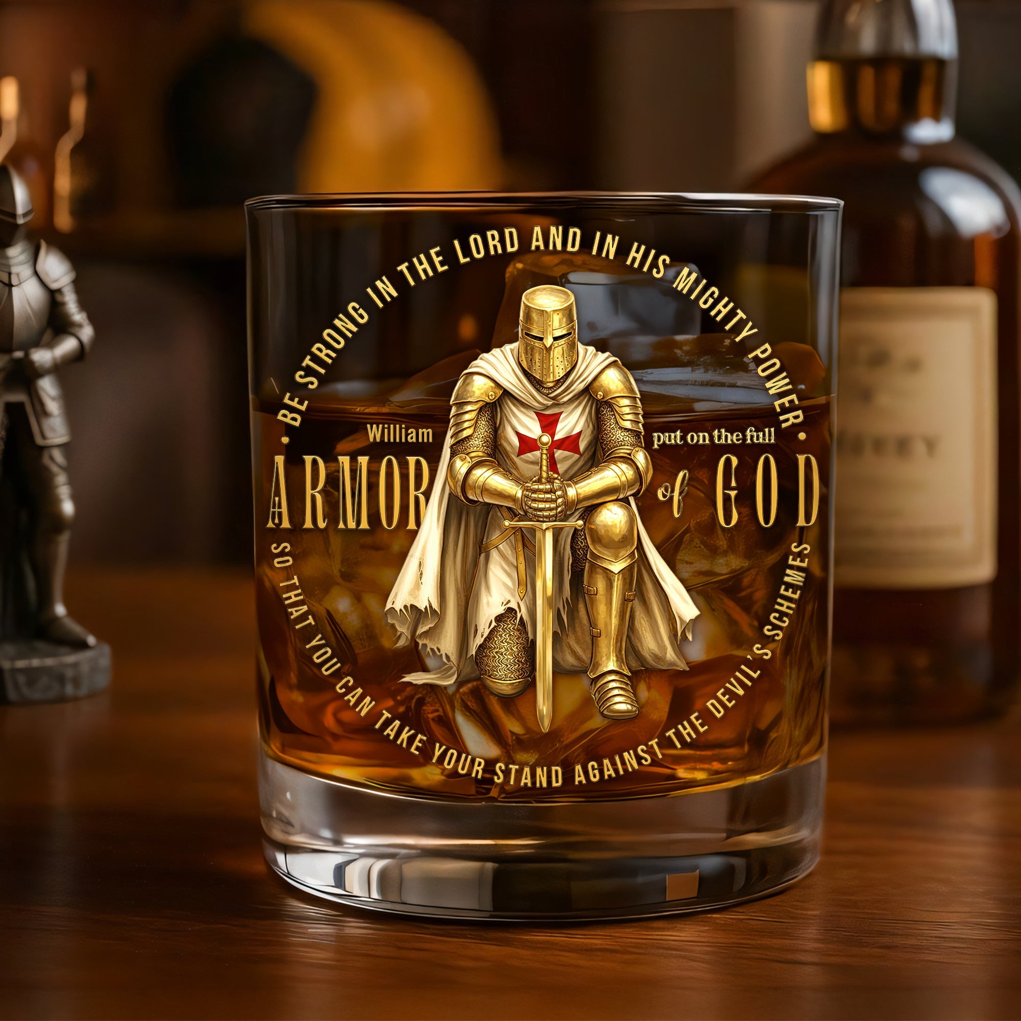 Be Strong in the Lord - Kneeling Knight Armor of God Round Glass - Personalized Gift for Christians Glass PopCulturePrints
