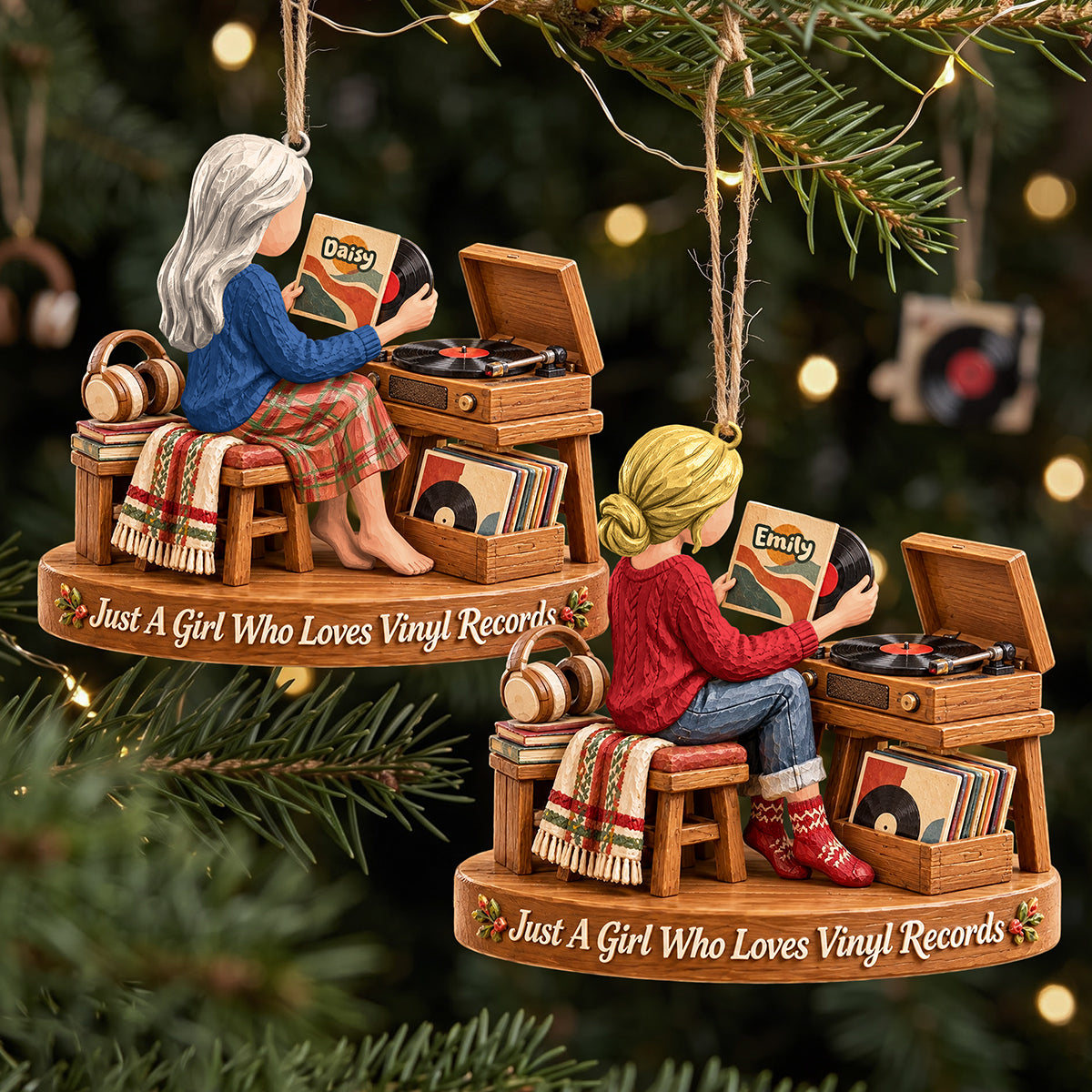 Vinyl Record Girl Wood Effect Ornament, Personalized Gifts For Vinyl Records Lovers 02qhta141026 Ornament PopCulturePrints