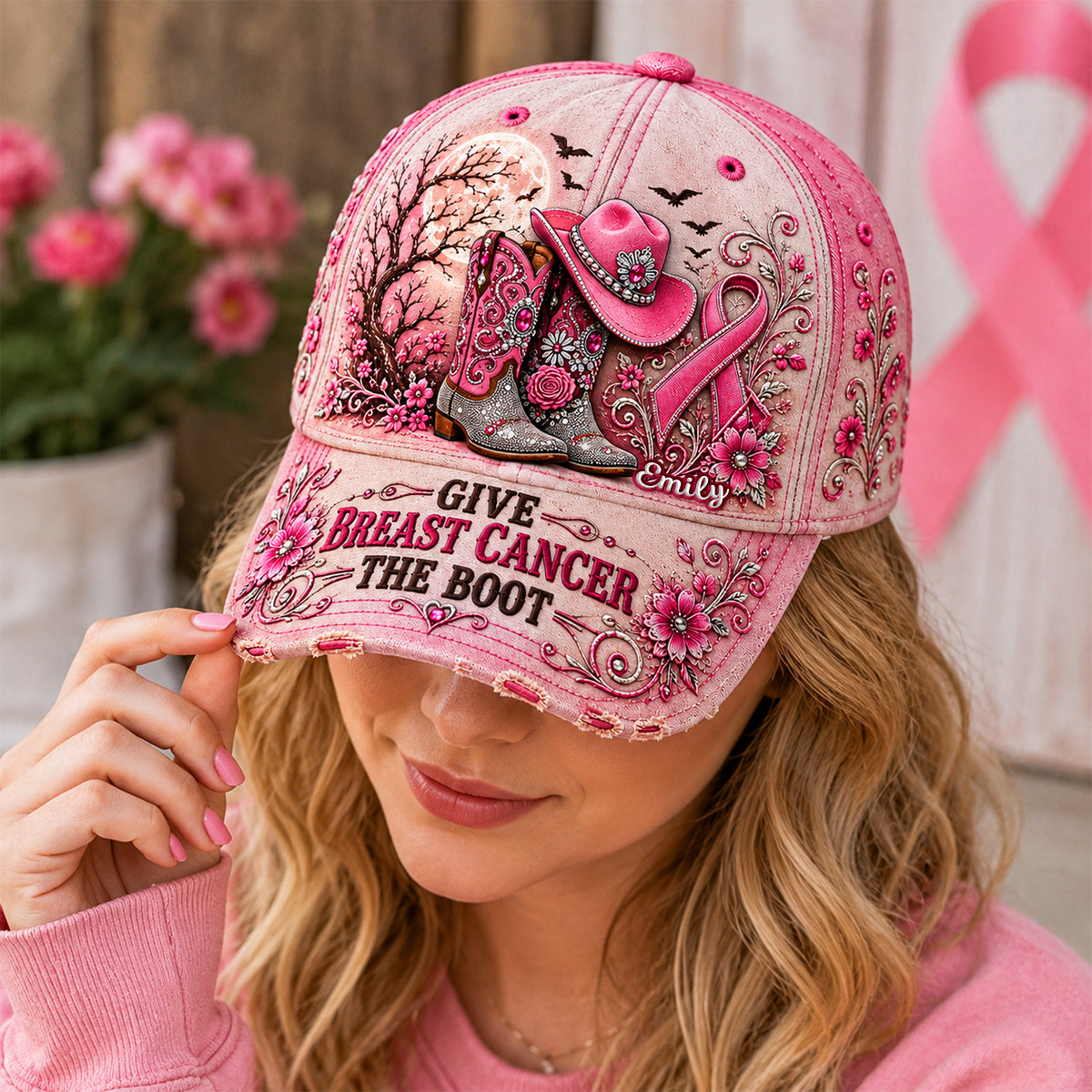 Give Breast Cancer The Boot - Personalized Cowgirl Classic Cap